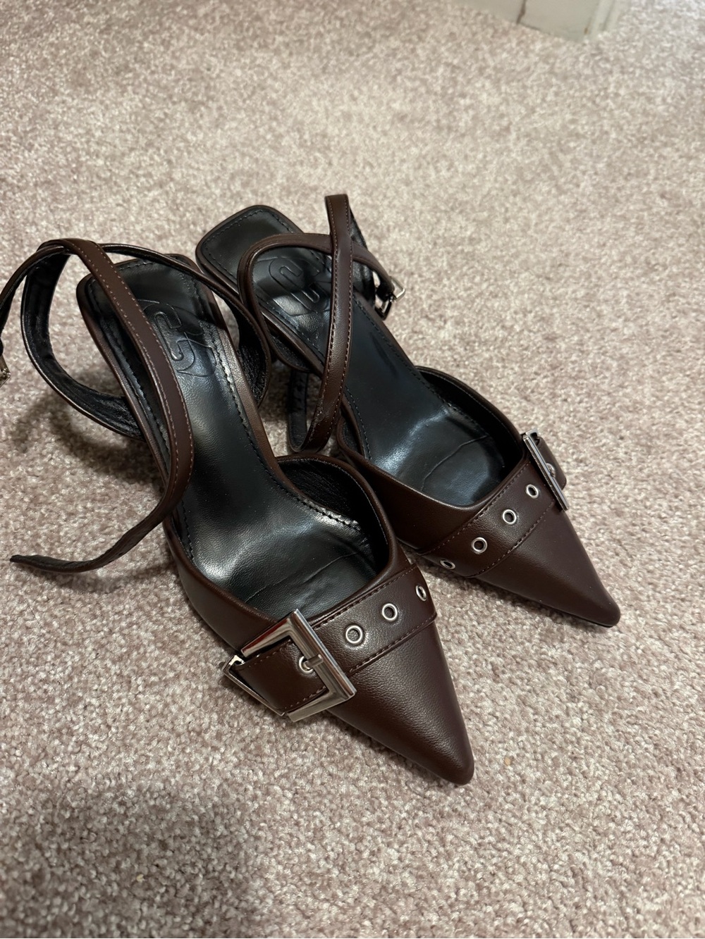 Pointed Buckle Slingback Heels in Dark Brown Leather
